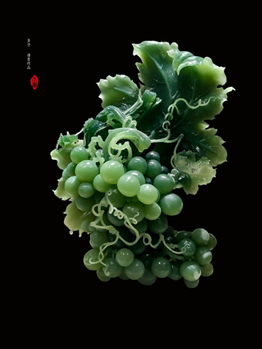超可爱の 中国 玉石翡翠玉彫刻 葡萄刻 置物 唐木台付 M 3753 - 彫刻 